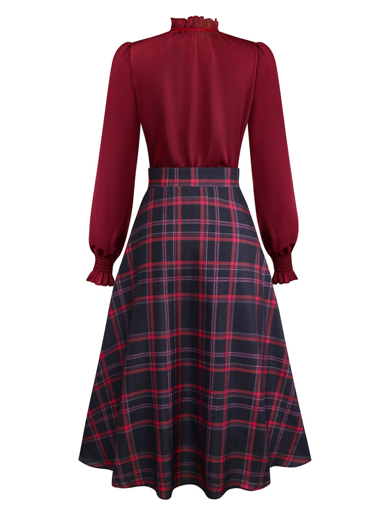 [Vorverkauf] 2PCS Rot 1940er Krawattenhals Bluse & Plaid Rock