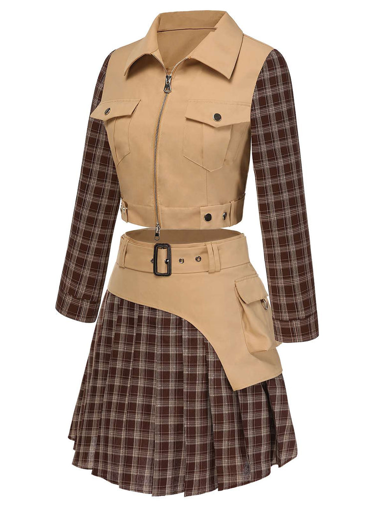 [Vorverkauf] 2PCS Khaki 1960er Plaid Patchwork Jacke & Plissiertes Rock