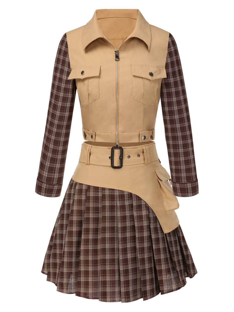 [Vorverkauf] 2PCS Khaki 1960er Plaid Patchwork Jacke & Plissiertes Rock