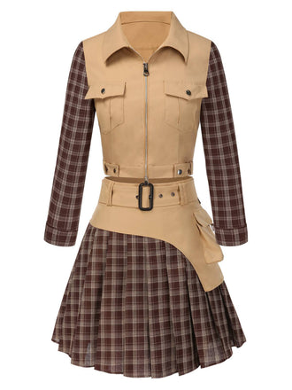 [Vorverkauf] 2PCS Khaki 1960er Plaid Patchwork Jacke & Plissiertes Rock