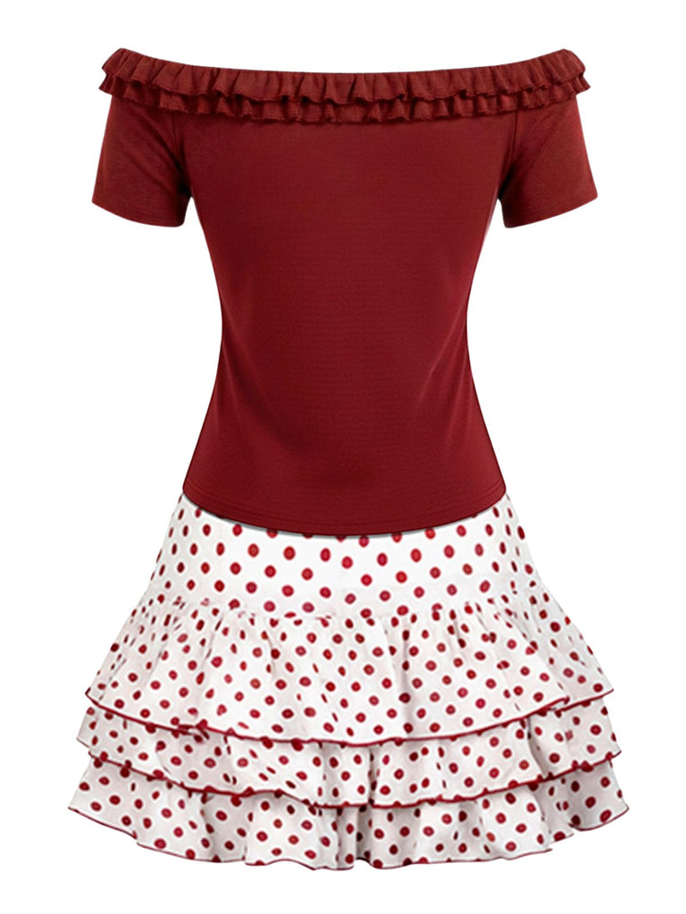 [Vorverkauf] 2PCS Rot 1960er Rüschen Rose Stricken Top & Polka Dot Rock