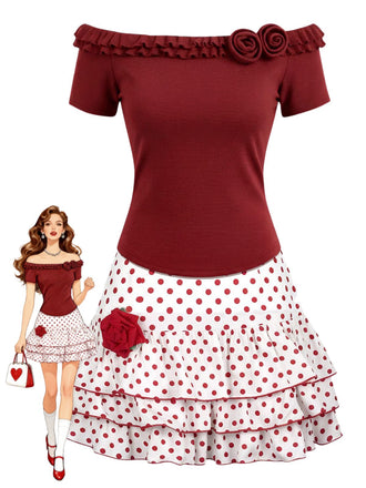 [Vorverkauf] 2PCS Rot 1960er Rüschen Rose Stricken Top & Polka Dot Rock
