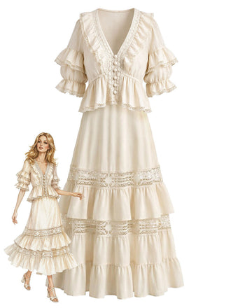 Beige 70er Boho Bluse mit Rüschen und Spitze