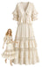 Beige 70er Boho Bluse mit Rüschen und Spitze