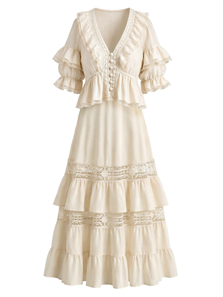 Beige 70er Boho Bluse mit Rüschen und Spitze
