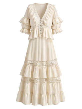 Beige 70er Boho Bluse mit Rüschen und Spitze