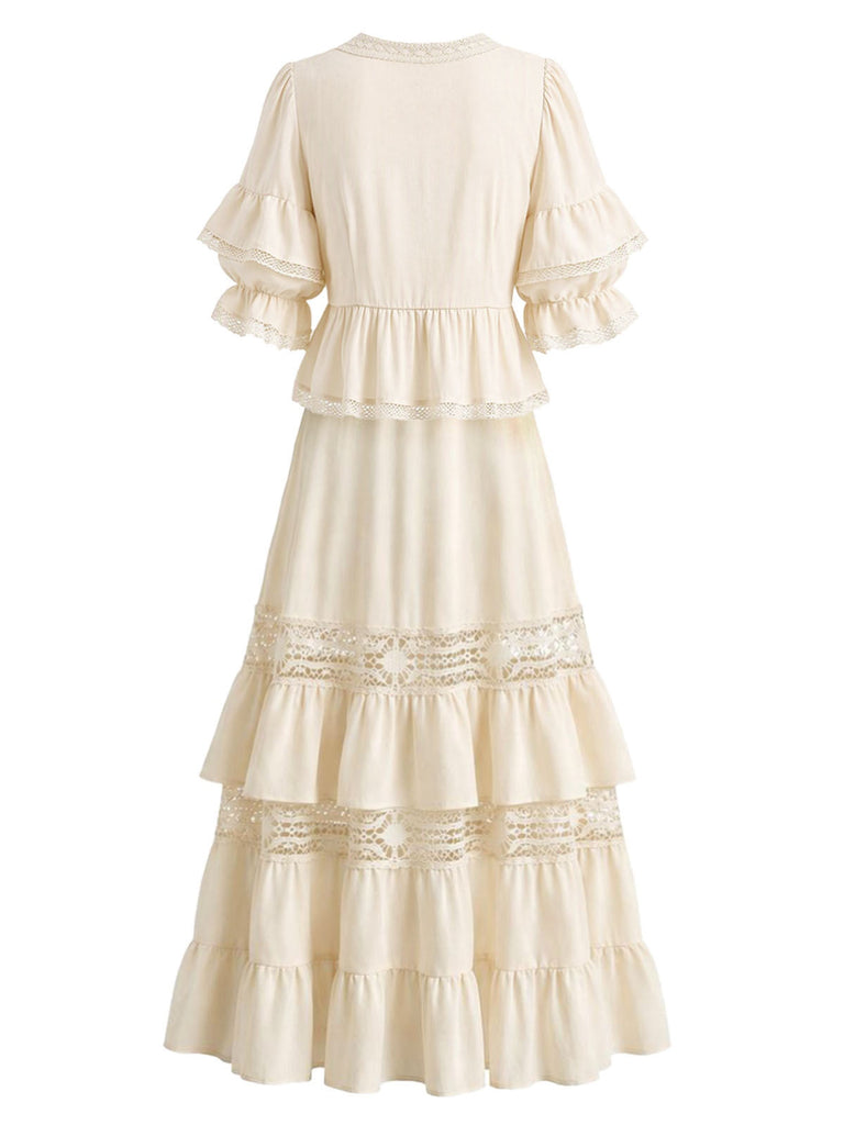 Beige 70er Boho Bluse mit Rüschen und Spitze