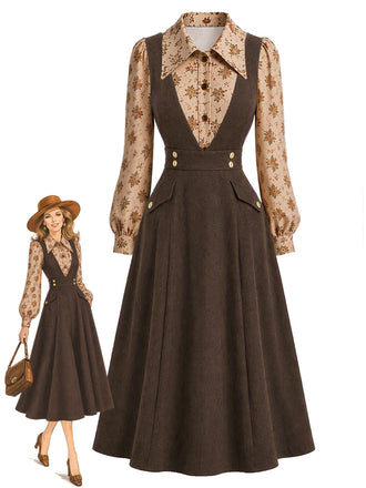 70er Set aus Blumenbluse & Trägerkleid mit Taschen