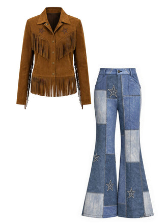 70er Set aus Sternen-Fransenjacke in Wildlederoptik und Denim-Print-Schlaghose