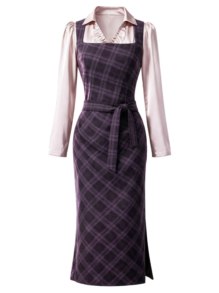 Lila 60er Set aus Karo-Bleistiftkleid und Satinbluse mit Tunnelzugraffung