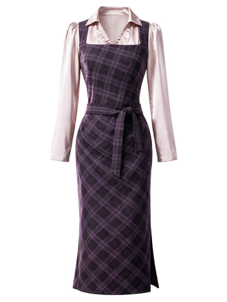 Lila 60er Set aus Karo-Bleistiftkleid und Satinbluse mit Tunnelzugraffung