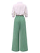 2PCS 1940er Weiß Revers Palmen Bluse & Grün Falten Hosen