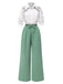 2PCS 1940er Weiß Revers Palmen Bluse & Grün Falten Hosen