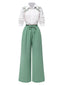 2PCS 1940er Weiß Revers Palmen Bluse & Grün Falten Hosen
