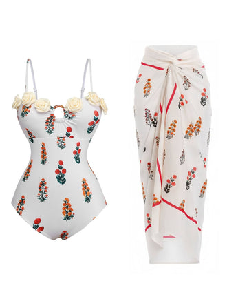 2PCS Weiß 1960er 3D-Blumen Spaghetti Träger Badeanzug & Cover-Up