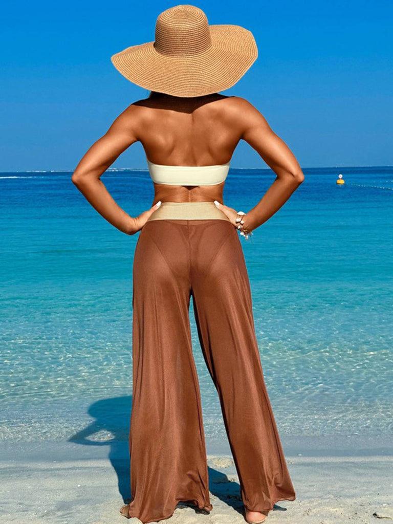 1960er Farbblock Bandeau Bikini Set & Hosen Cover-Up