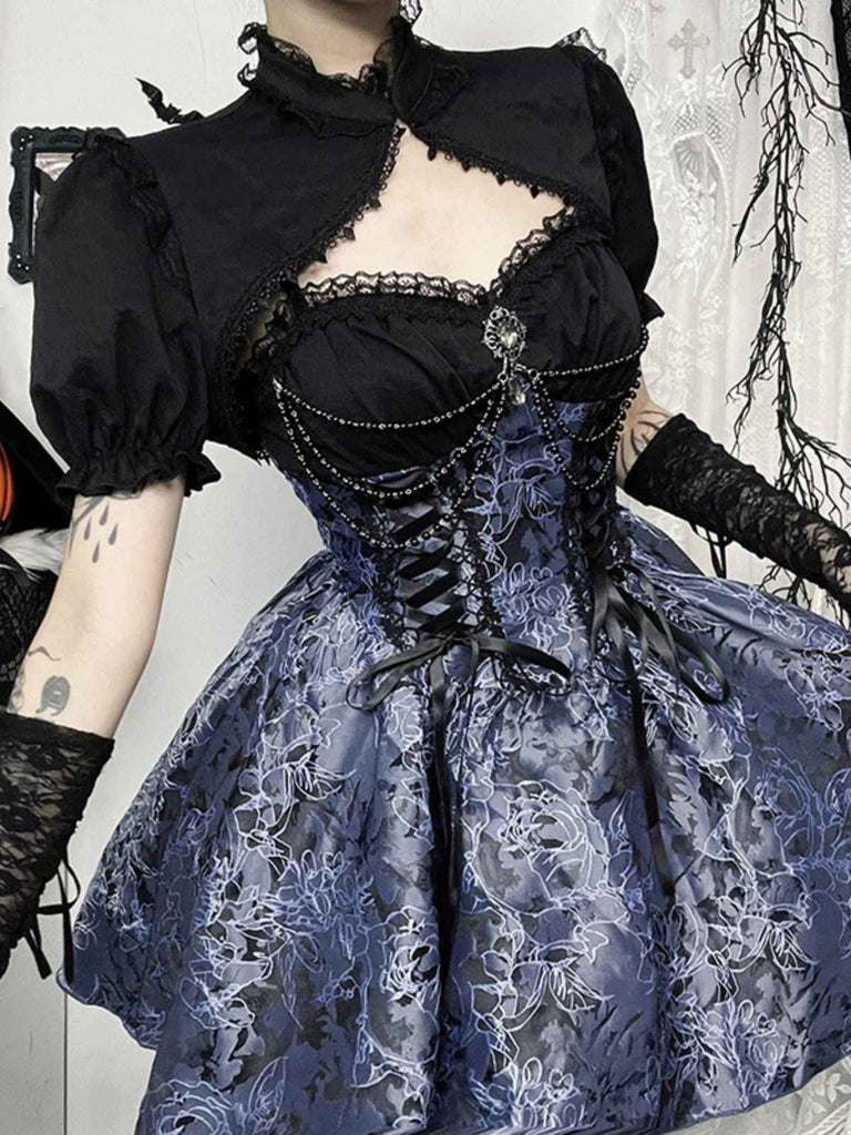 2PCS Schwarz & Blau 1980er Gothic Kap Strickjacke & Blumen Besticktes Kleid