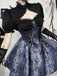 2PCS Schwarz & Blau 1980er Gothic Kap Strickjacke & Blumen Besticktes Kleid