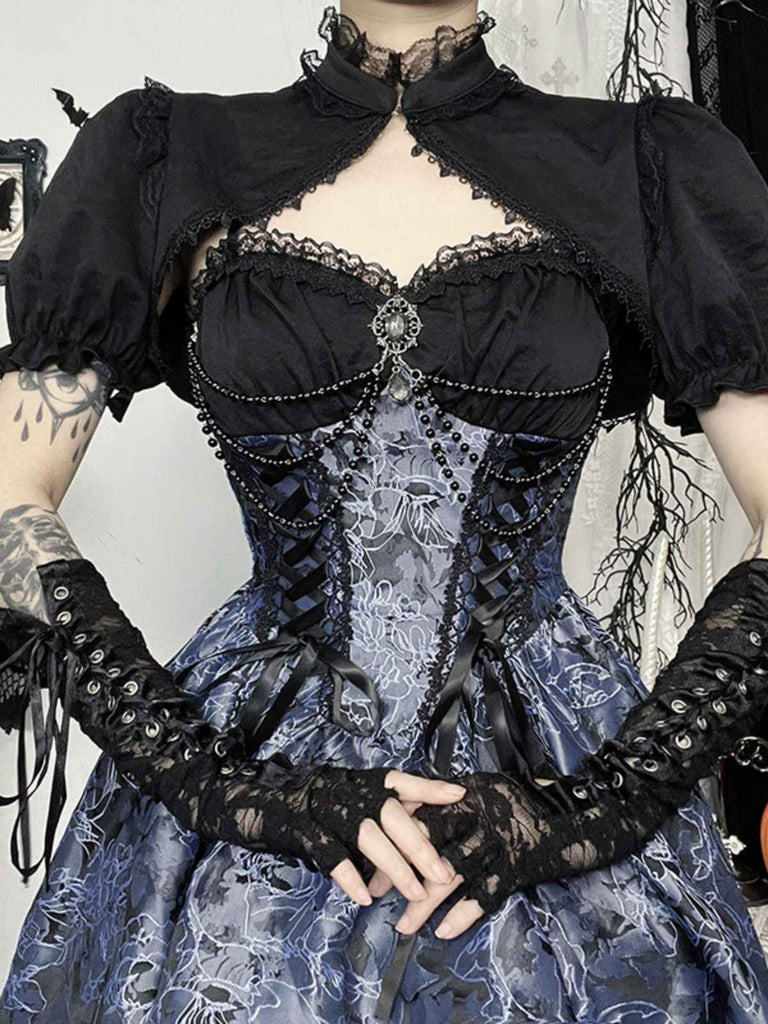 2PCS Schwarz & Blau 1980er Gothic Kap Strickjacke & Blumen Besticktes Kleid