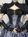 2PCS Schwarz & Blau 1980er Gothic Kap Strickjacke & Blumen Besticktes Kleid