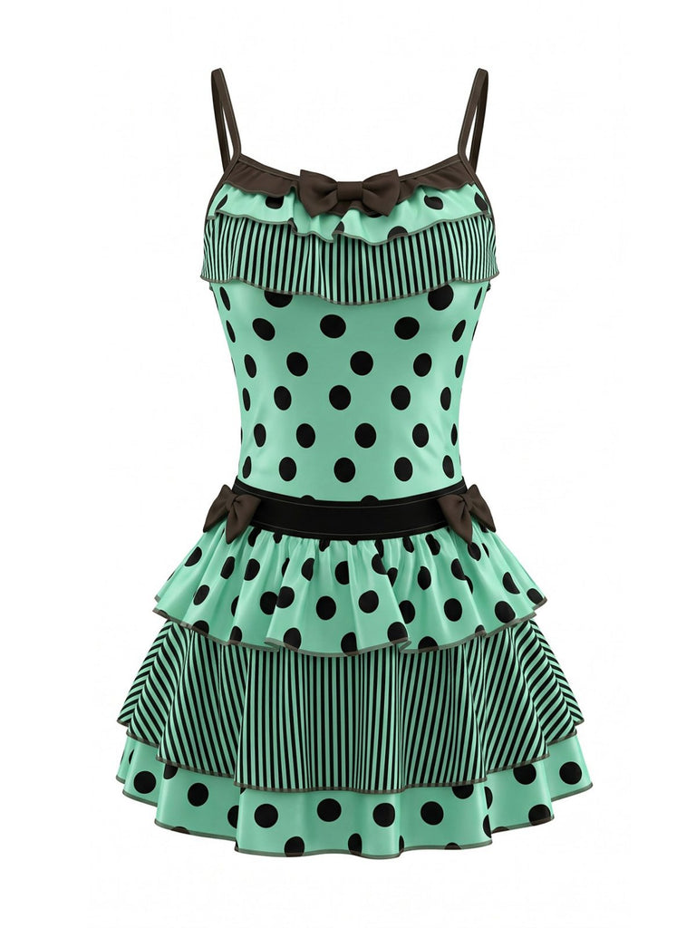 80er Ärmelloses Tanktop & Minirock-Set mit Polka-Dots und Streifen