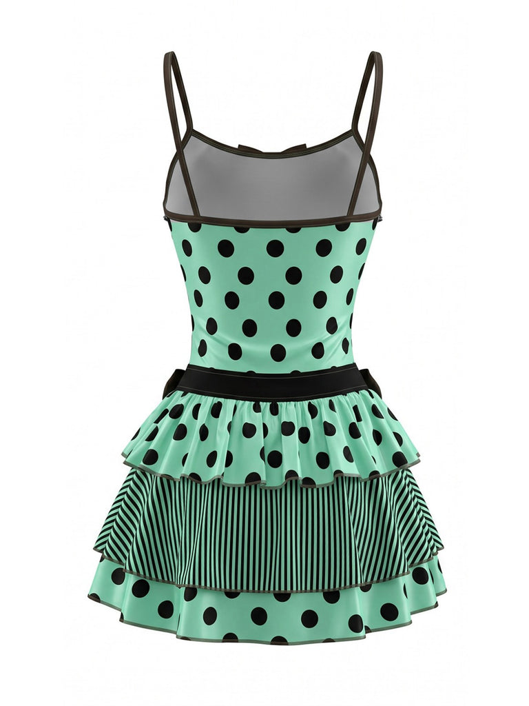 80er Ärmelloses Tanktop & Minirock-Set mit Polka-Dots und Streifen