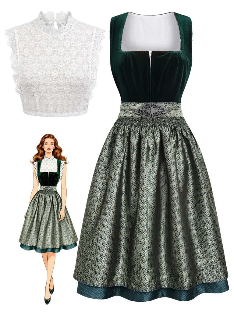 Grünes 50er Jacquard-Kleid mit Eckiger Ausschnitt und Samt