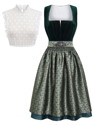 Grünes 50er Jacquard-Kleid mit Eckiger Ausschnitt und Samt
