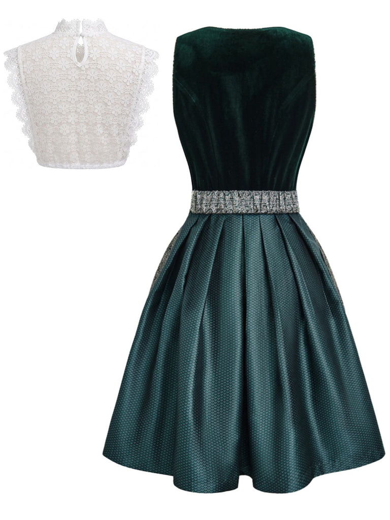 Grünes 50er Jacquard-Kleid mit Eckiger Ausschnitt und Samt