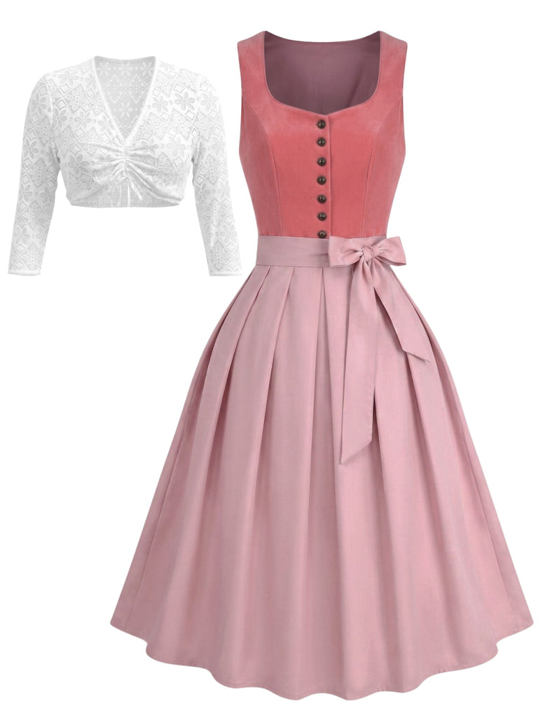 Rosa 50er Oktoberfest-Dirndl-Set mit Spitzentop und Schürze
