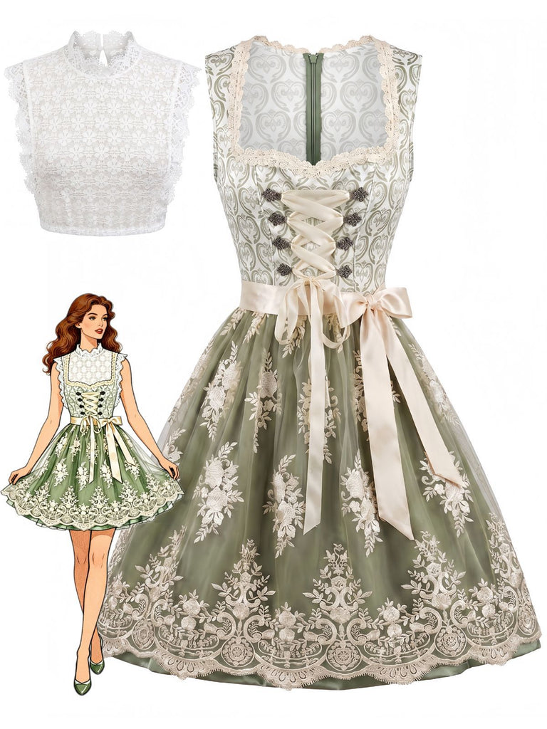 Hellgrünes 50er Oktoberfest-Dirndl-Set mit Spitzenschürze und Spitzentop