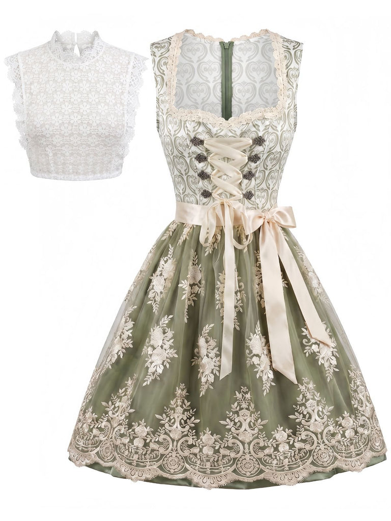 Hellgrünes 50er Oktoberfest-Dirndl-Set mit Spitzenschürze und Spitzentop