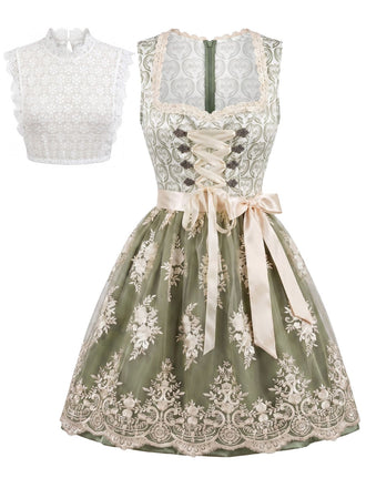 Hellgrünes & Weißes 50er Kleid mit Eckiger Ausschnitt und Blumen