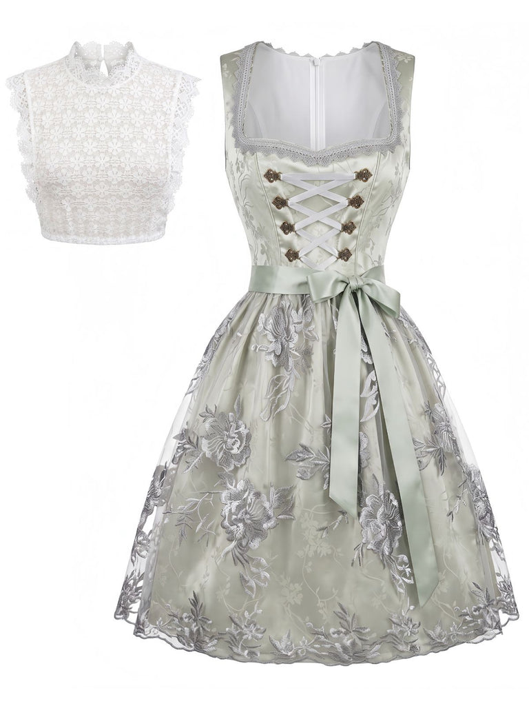 Hellblaues 50er Oktoberfest-Dirndl-Set mit Blumen Schürze und Spitzentop