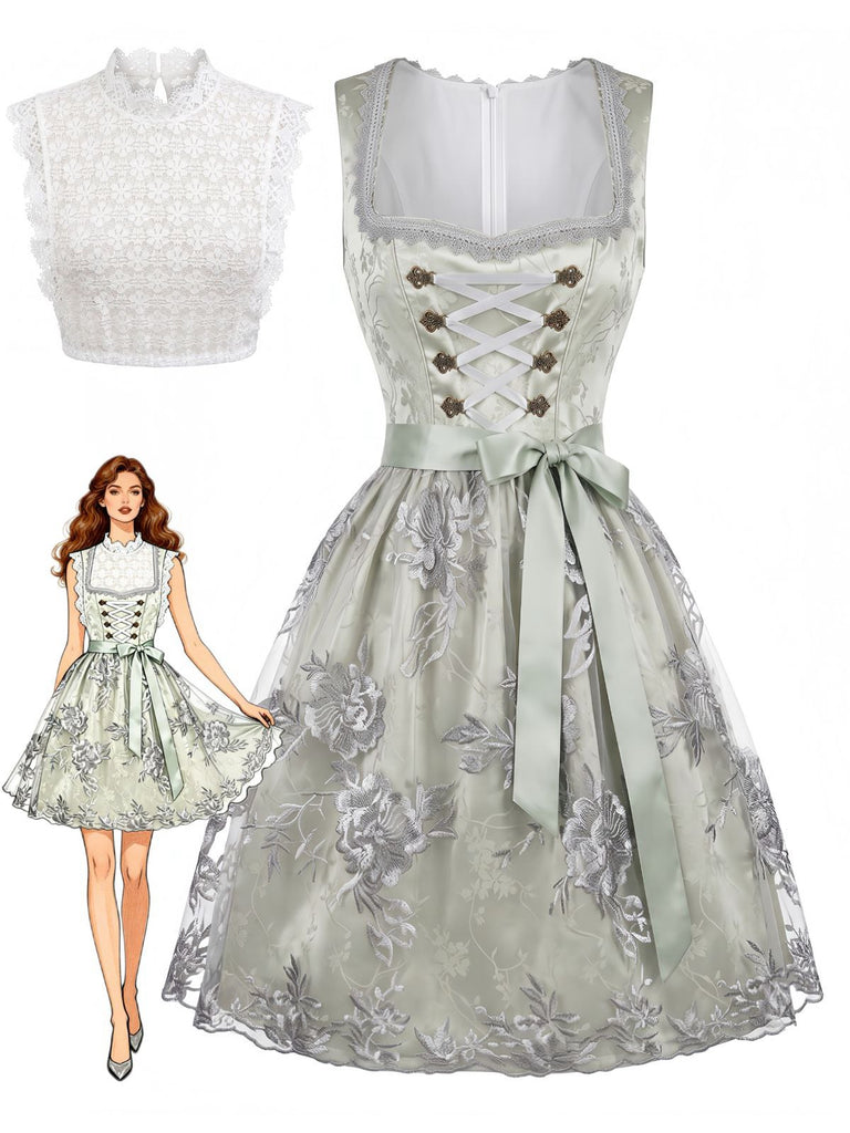 Hellblaues 50er Oktoberfest-Dirndl-Set mit Blumen Schürze und Spitzentop
