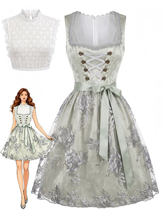 Hellblaues 50er Oktoberfest-Dirndl-Set mit Blumen Schürze und Spitzentop