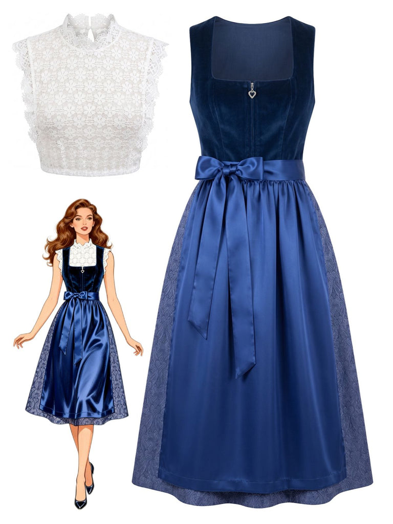 50er Dirndl-Set mit Samt-Paisley-Kleid, Schürze und Spitzentop