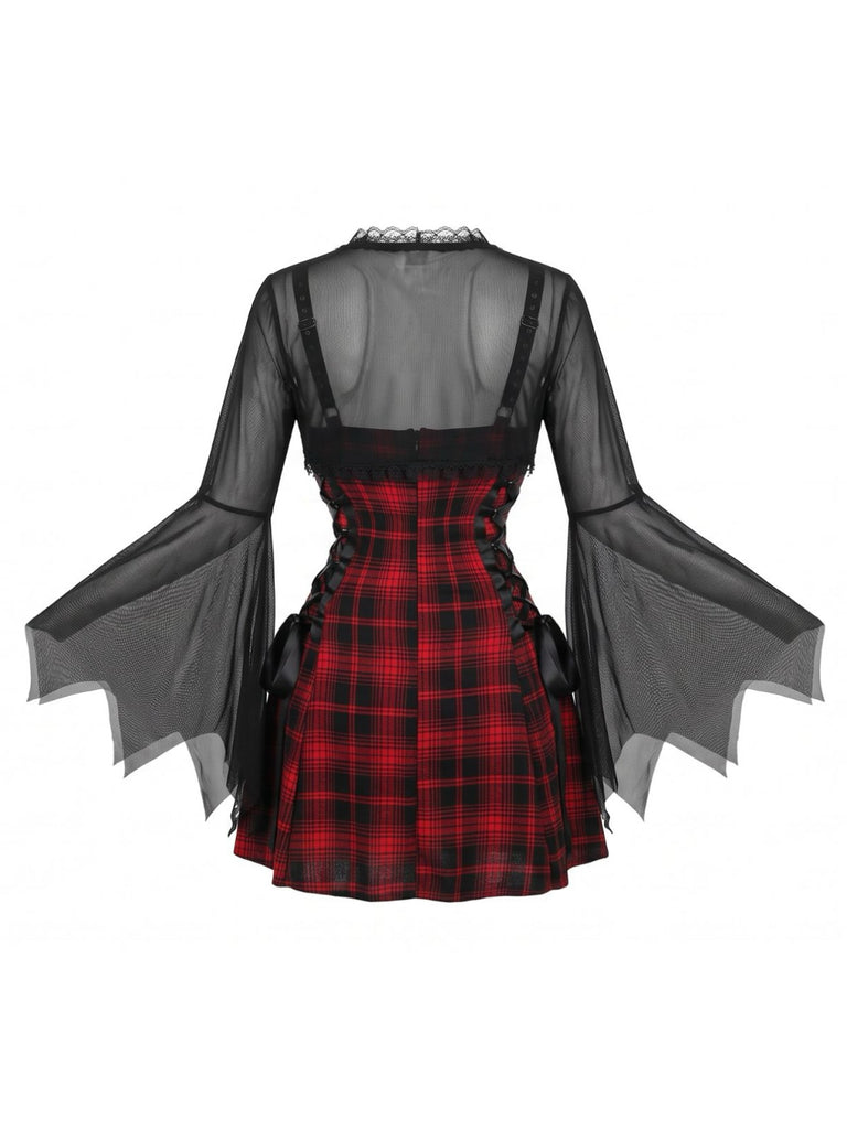 Schwarz-rotes 50er Halloween Karo-Kleid mit Fledermausärmeln und Accessoire-Set