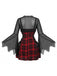 Schwarz-rotes 50er Halloween Karo-Kleid mit Fledermausärmeln und Accessoire-Set