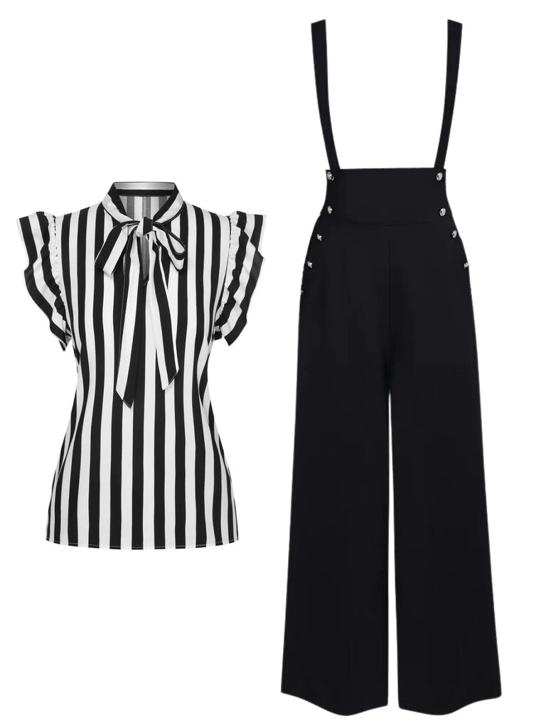 2PCS Schwarz 1930er Streifen Krawattenkragen Rüschenärmel Bluse & Hose