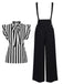 2PCS Schwarz 1930er Streifen Krawattenkragen Rüschenärmel Bluse & Hose