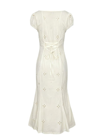 Weiß 1960er Blumen Cutout Flügelärmel Fischschwanz Kleid