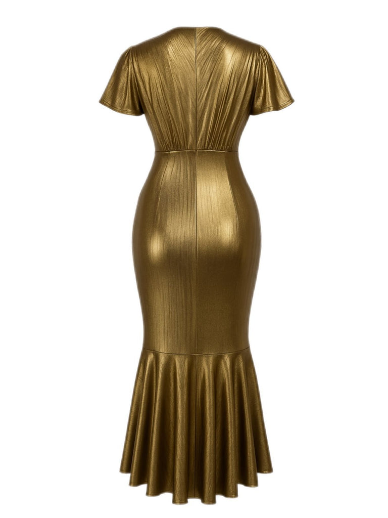 1930er Metallic Strukturiert Blumen Tailliert Fischschwanz Kleid