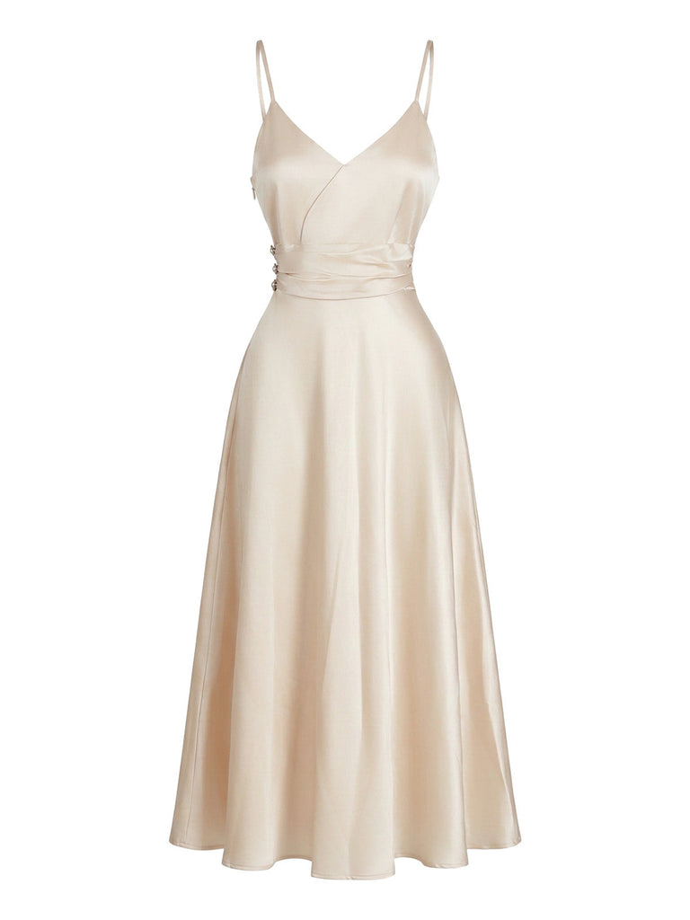 Champagneres 30er Satin-Maxikleid mit V-Ausschnitt und Raffung
