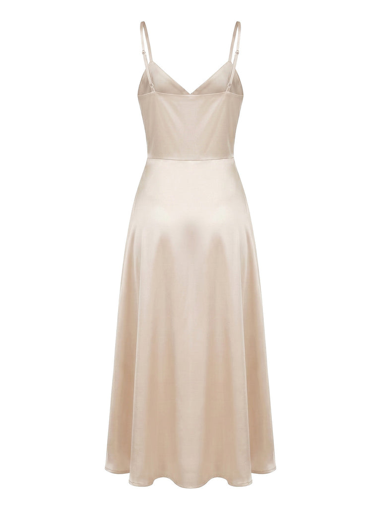 Champagneres 30er Satin-Maxikleid mit V-Ausschnitt und Raffung