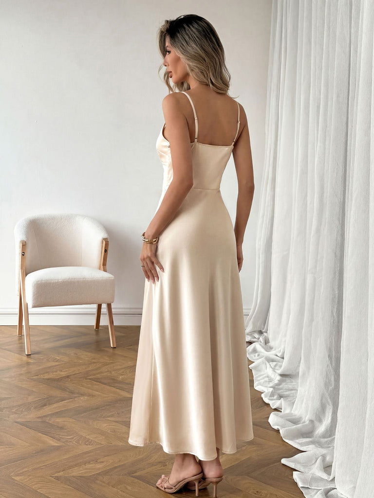 Champagneres 30er Satin-Maxikleid mit V-Ausschnitt und Raffung