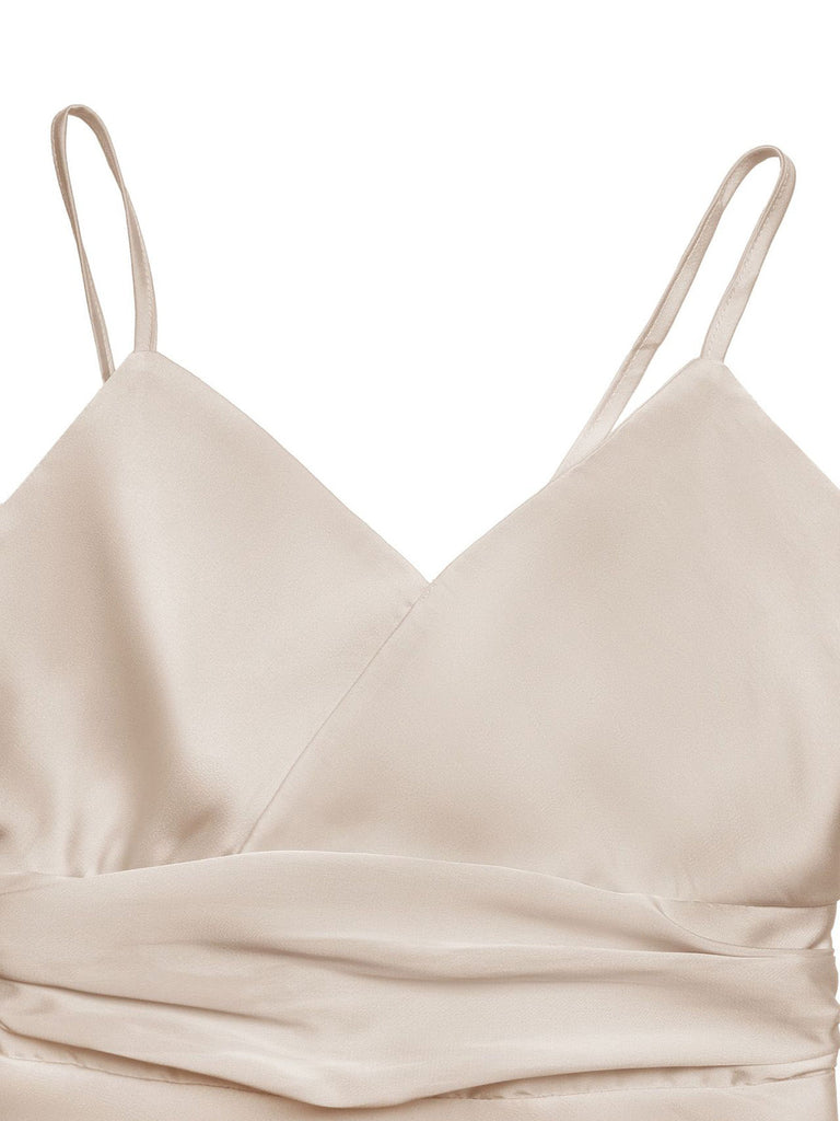 Champagneres 30er Satin-Maxikleid mit V-Ausschnitt und Raffung