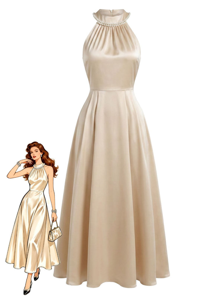 Champagneres 30er Ärmelloses Satin-Midikleid mit Neckholder und Perlen