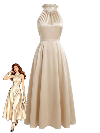 Champagneres 30er Ärmelloses Satin-Midikleid mit Neckholder und Perlen