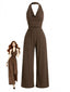 Kaffeebrauner 50er Gerippter Jumpsuit mit Faltenausschnitt und Neckholder